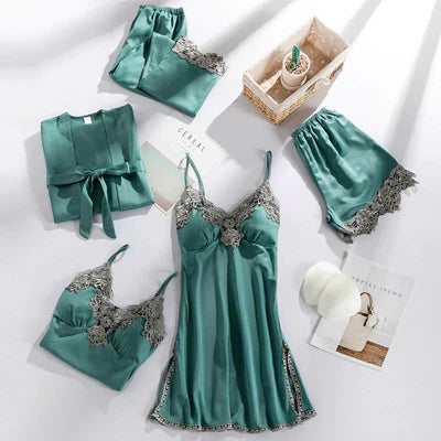 Maelin | Ensemble de Lingerie 5 Pièces avec Bordure en Dentelle, Bretelles Réglables et Peignoir Assorti