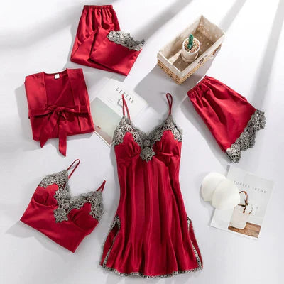 Maelin | Ensemble de Lingerie 5 Pièces avec Bordure en Dentelle, Bretelles Réglables et Peignoir Assorti