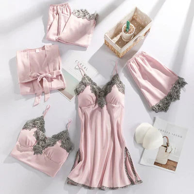 Maelin | Ensemble de Lingerie 5 Pièces avec Bordure en Dentelle, Bretelles Réglables et Peignoir Assorti