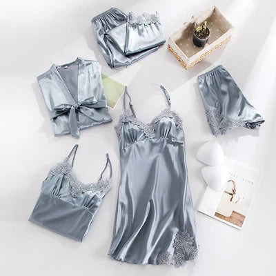 Maelin | Ensemble de Lingerie 5 Pièces avec Bordure en Dentelle, Bretelles Réglables et Peignoir Assorti