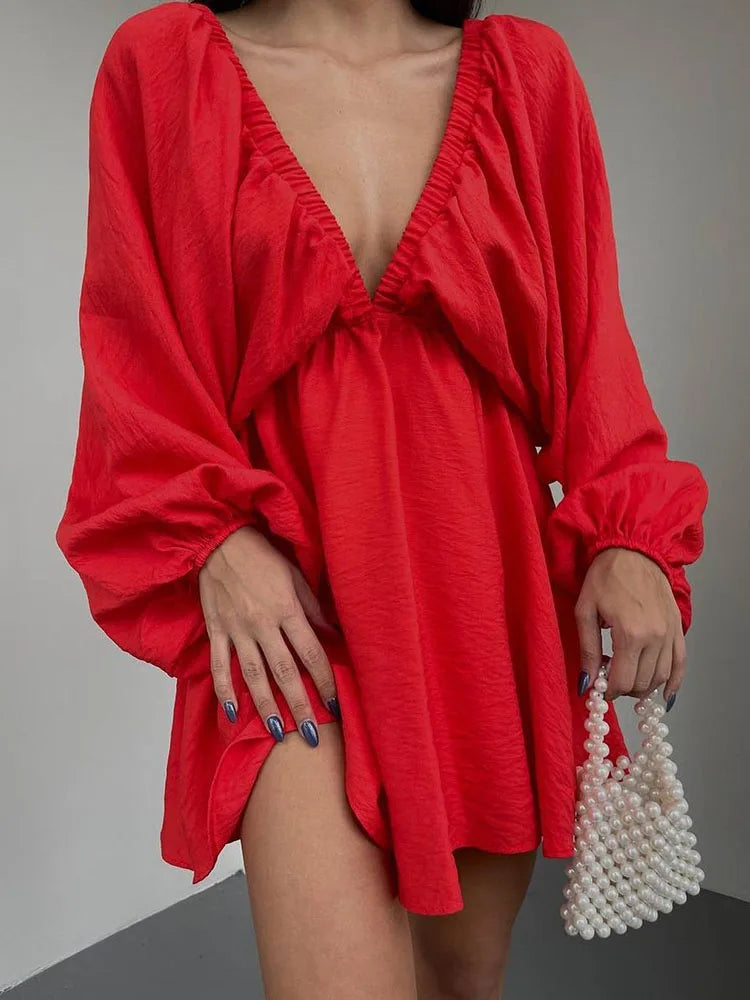 Vaenya | Mini-Robe Bohème avec Manches Longues et Col en V