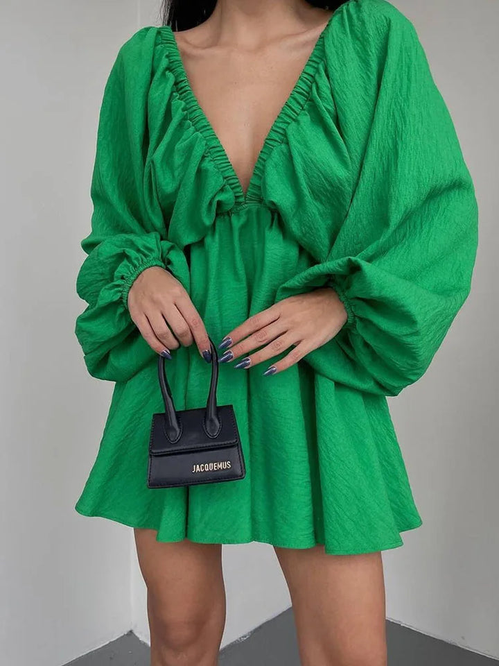 Vaenya | Mini-Robe Bohème avec Manches Longues et Col en V