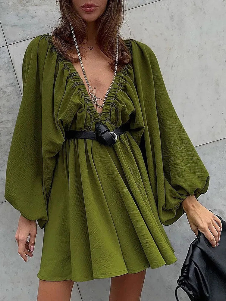 Vaenya | Mini-Robe Bohème avec Manches Longues et Col en V