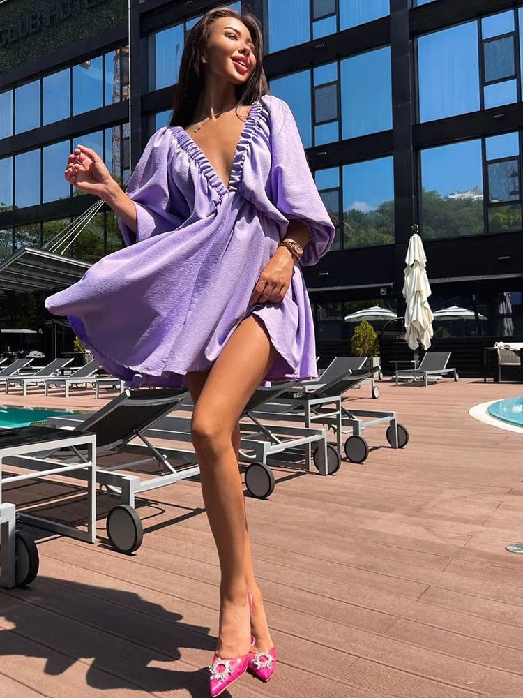 Vaenya | Mini-Robe Bohème avec Manches Longues et Col en V