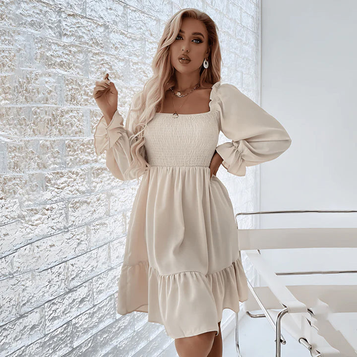 Elsie | Mini Robe à Manches Longues, Col Carré, Taille Haute