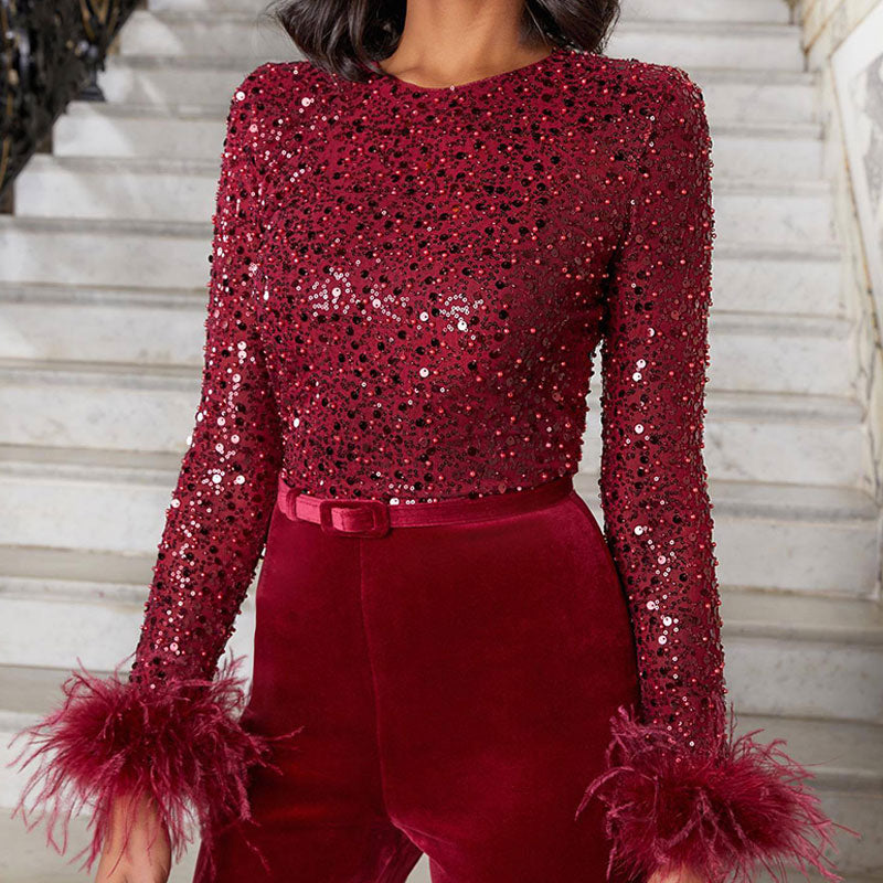 Calista | Combinaison élégante à Paillettes avec Manches en Plumes