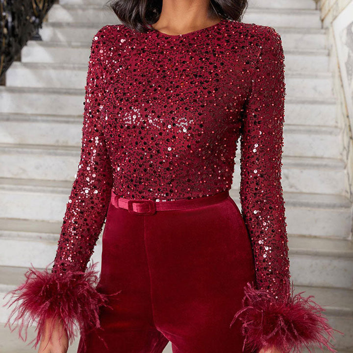 Calista | Combinaison élégante à Paillettes avec Manches en Plumes