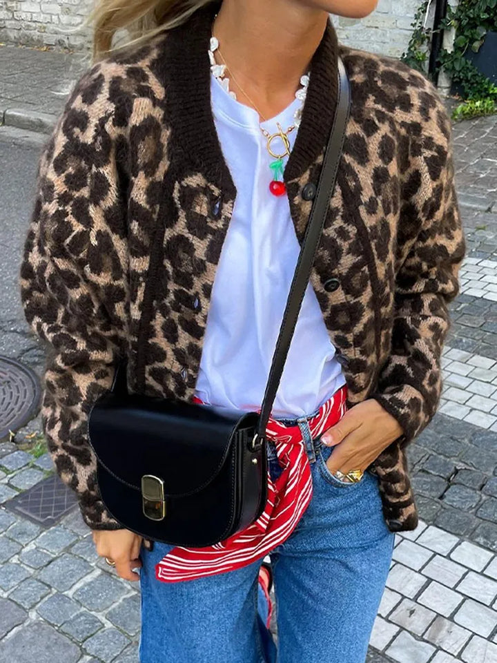 Xelara | Cardigan en Tricot Imprimé Léopard Pour Femme