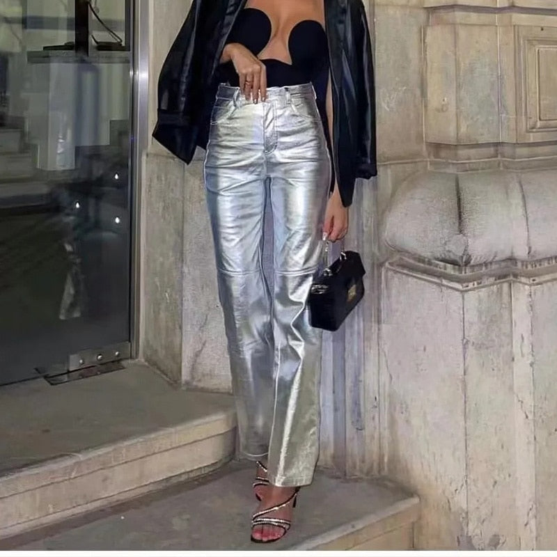 Miren | Pantalon Stylée Argent Métallisé Pour Femme