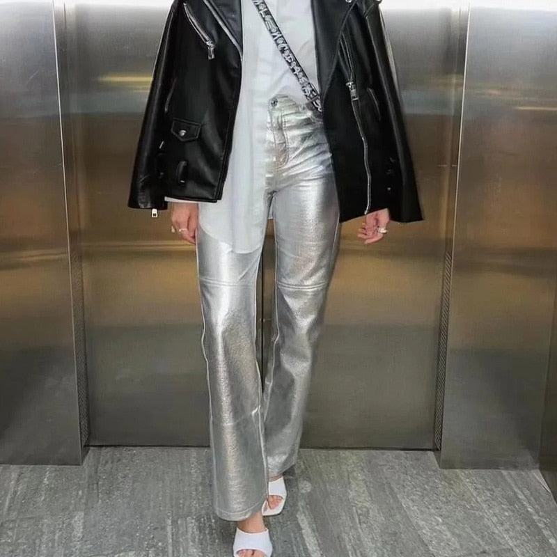 Miren | Pantalon Stylée Argent Métallisé Pour Femme