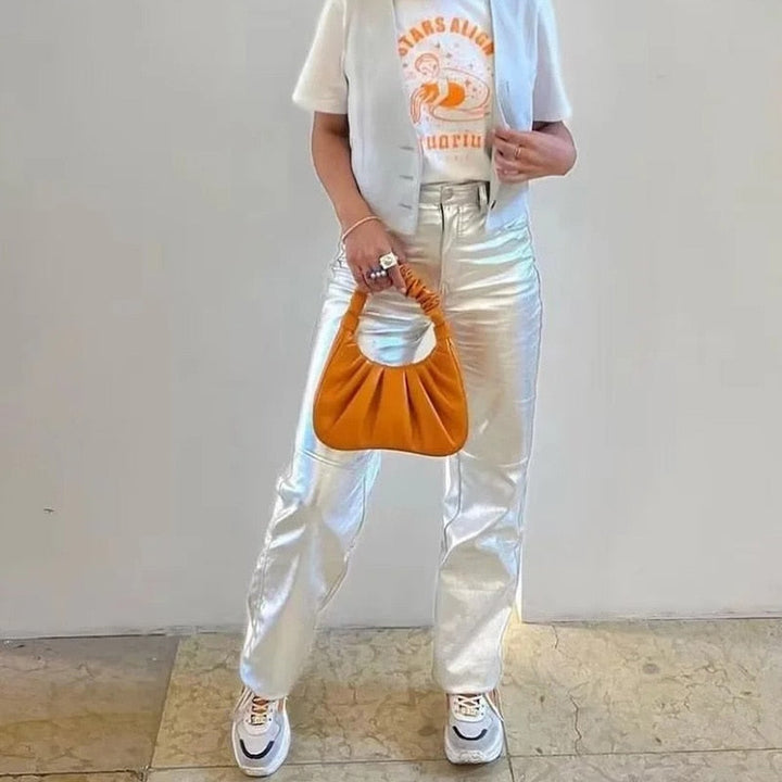 Miren | Pantalon Stylée Argent Métallisé Pour Femme