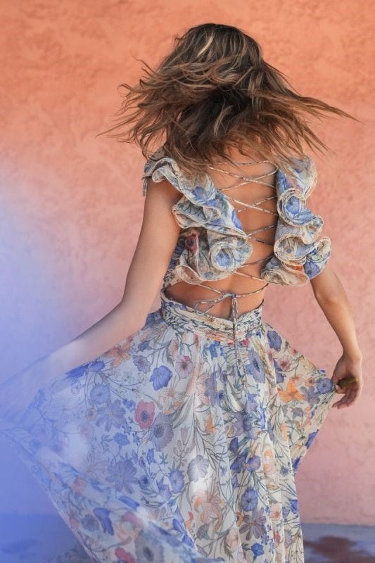 Vivienne | V-Cou Mousseline Maxi Robe Avec Florale Impression
